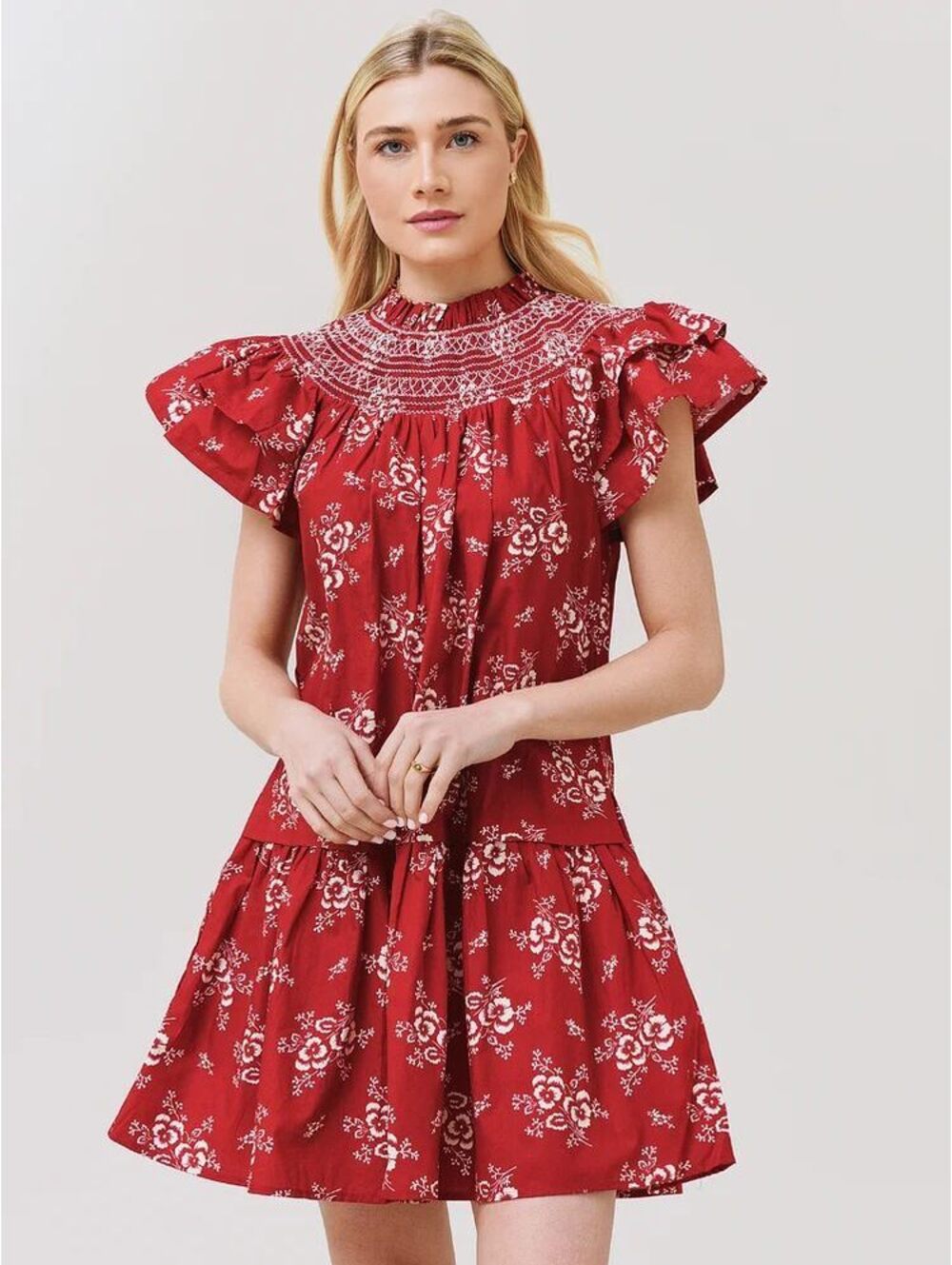 Sea Alessia Red with White Floral Pattern Puff Sleeve Tunic Dress Size M